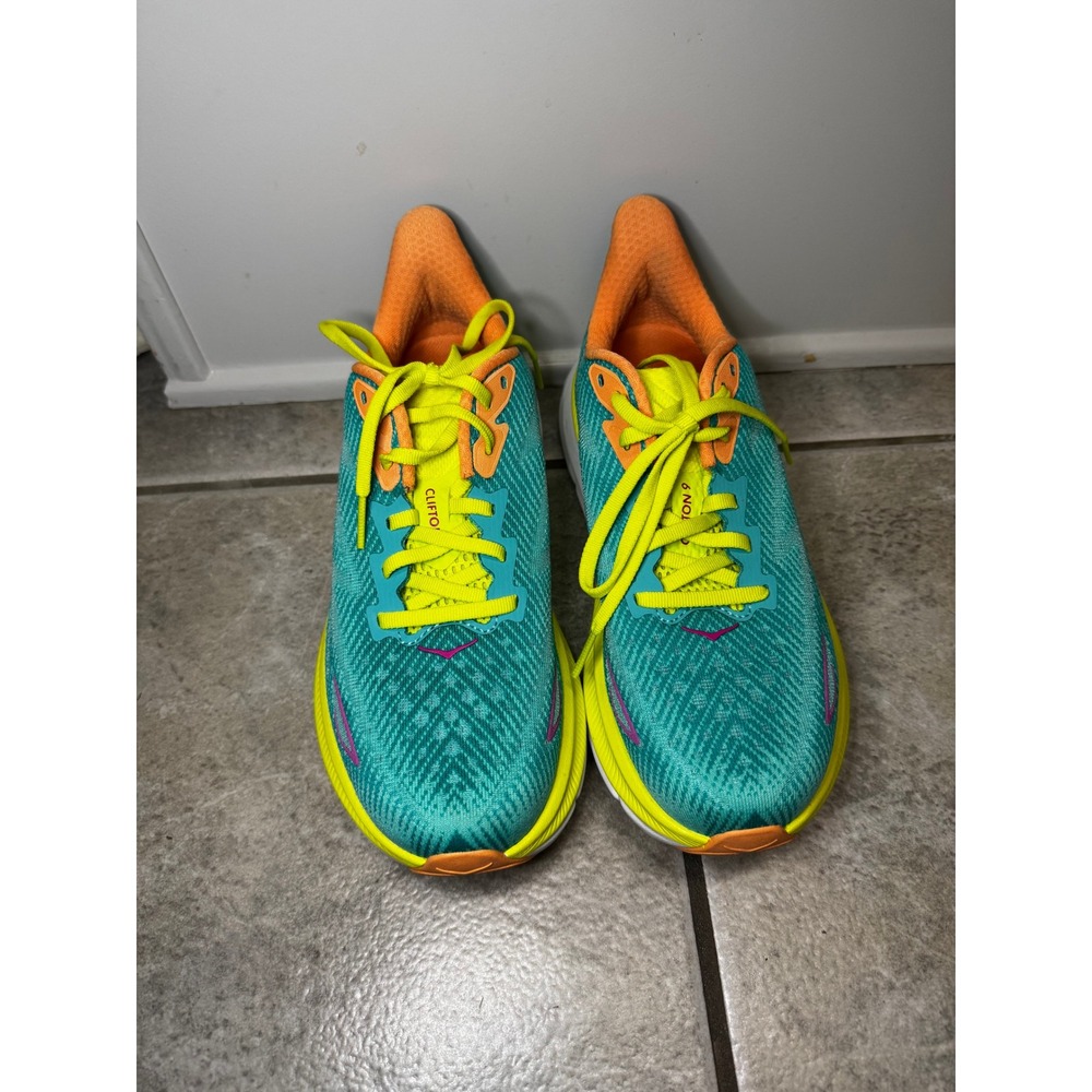 Hoka Clifton 9 Women Teal Orange Neon Yellow Running Shoes Sneakers Size 6 B
